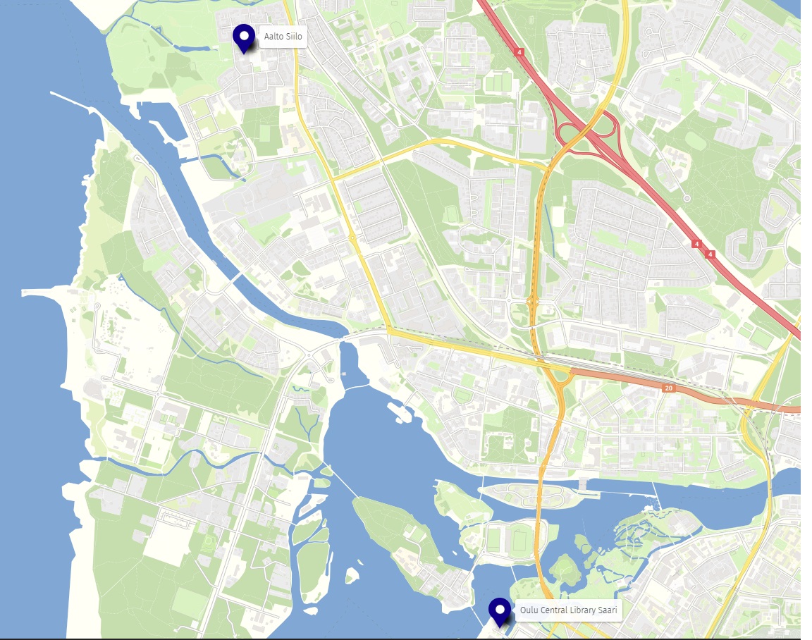 Kartta Oulusta: AaltoSiilo pohjoisessa ja Pääkirjasto Saari etelässä. Molemmat tapahtumapaikat on merkitty.
